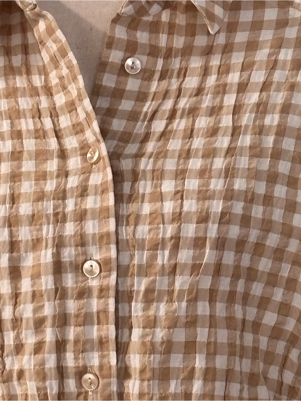 Anthropologie Tan and White Gingham Cap-Sleeve Button-Down Top - Picture 3 of 11